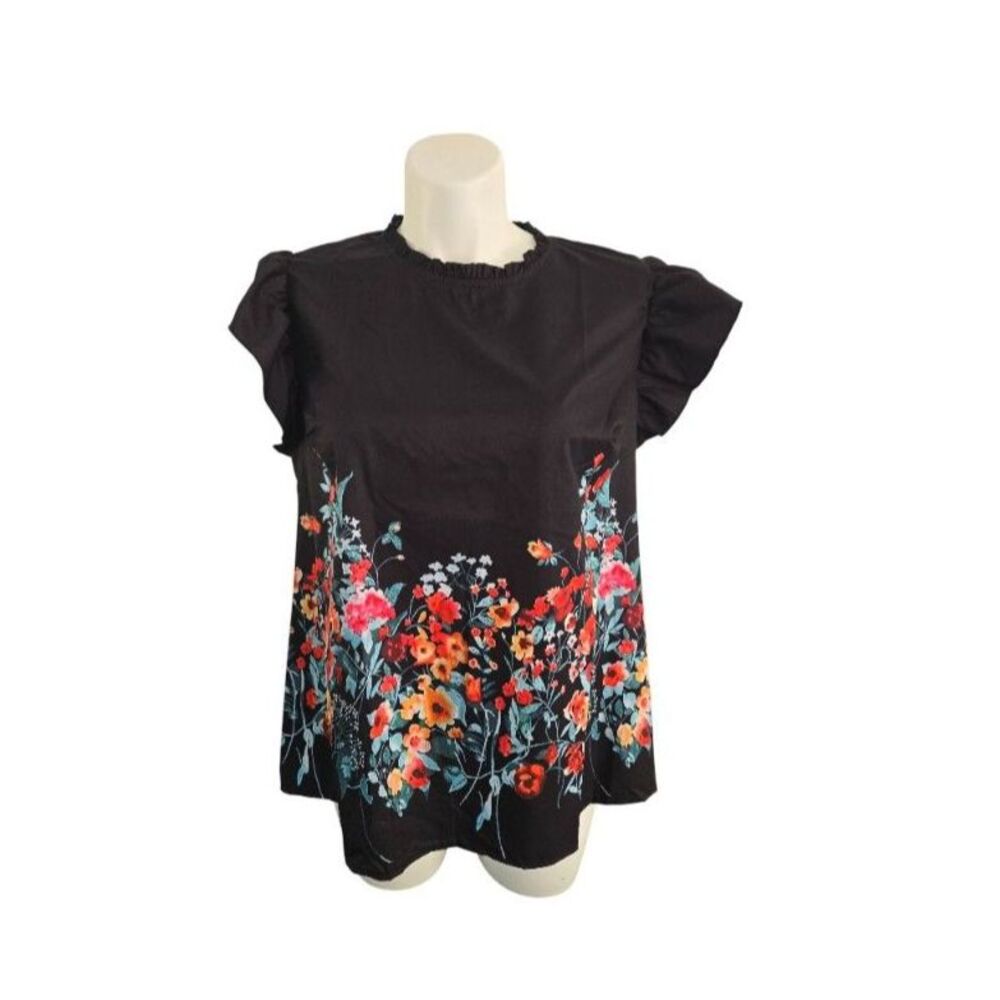 Ruffled High Neck Floral Top Women XXL Black Sleeveless